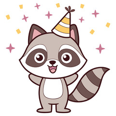 Happy Cartoon Raccoon Wearing Party Hat with Confetti Celebrates on White