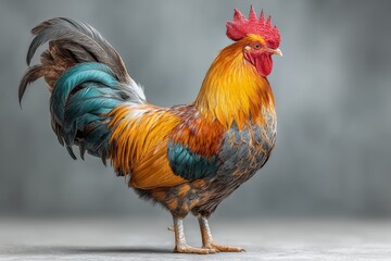 Fototapeta premium Colorful rooster standing proudly on a smooth surface in a well-lit indoor environment during the day