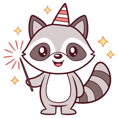 Animated Raccoon with Party Hat Holding Sparkler on Transparent Background