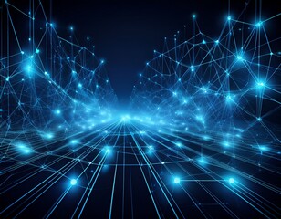 Obraz premium bright blue dots and lines create a web of connections against a dark backdrop illustrating the complexity of digital networks and data exchange