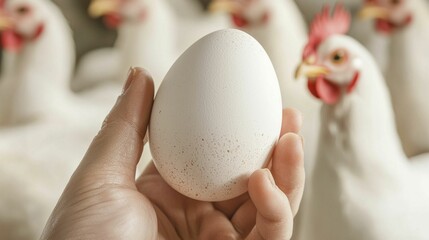 Hand Holding White Egg Among Chickens in Farm Setting