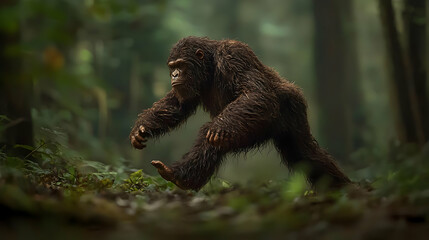 Shaggy Brown Creature Walking Through Lush Green Forest with Blurred Background and Ambient Lighting