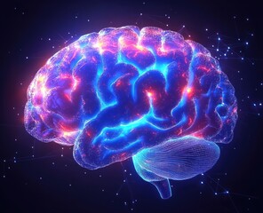 Futuristic Brain Illustration in Cyberpunk Style with Neon Lighting and Glowing Aura