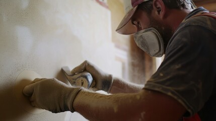A construction worker sanding drywall in a living room. Featuring home improvement and interior design