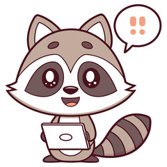Cartoon Raccoon Holding Laptop with Speech Bubble in Isolated on White