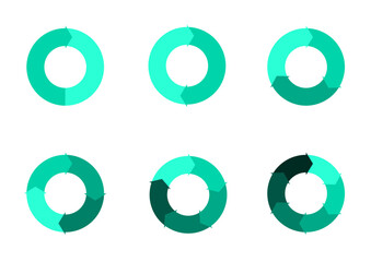 Set of pie chart diagrams. Circles arrow cut separated on1,2,3, 4,5, 6, with empty middle,simple flat design vector illustration.