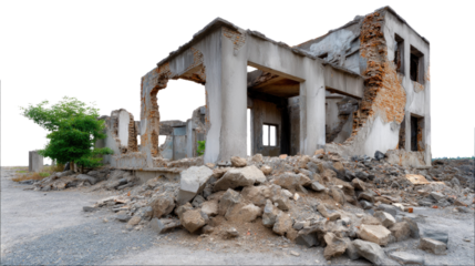 Decaying Structure Amidst Debris: A weathered architectural ruin stands defiant against the ravages of time, revealing a scene of quiet devastation.