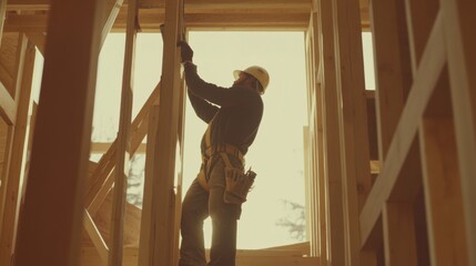 Construction worker measuring and cutting wood for framing. Featuring precision and expertise