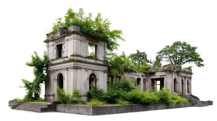 Fototapeta premium Ruins of Time: Witness the silent grandeur of a weathered building, its stone facade now draped with vibrant foliage, evoking a sense of history and nature's reclamation.