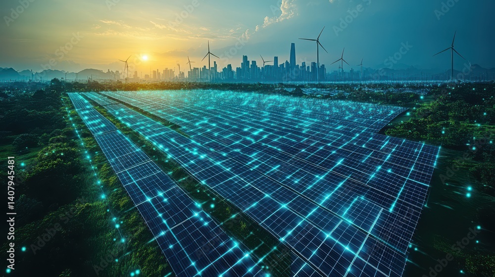 Fototapete futuristic ai controlled renewable energy grids distributing solar,wind power a clean energy city wh