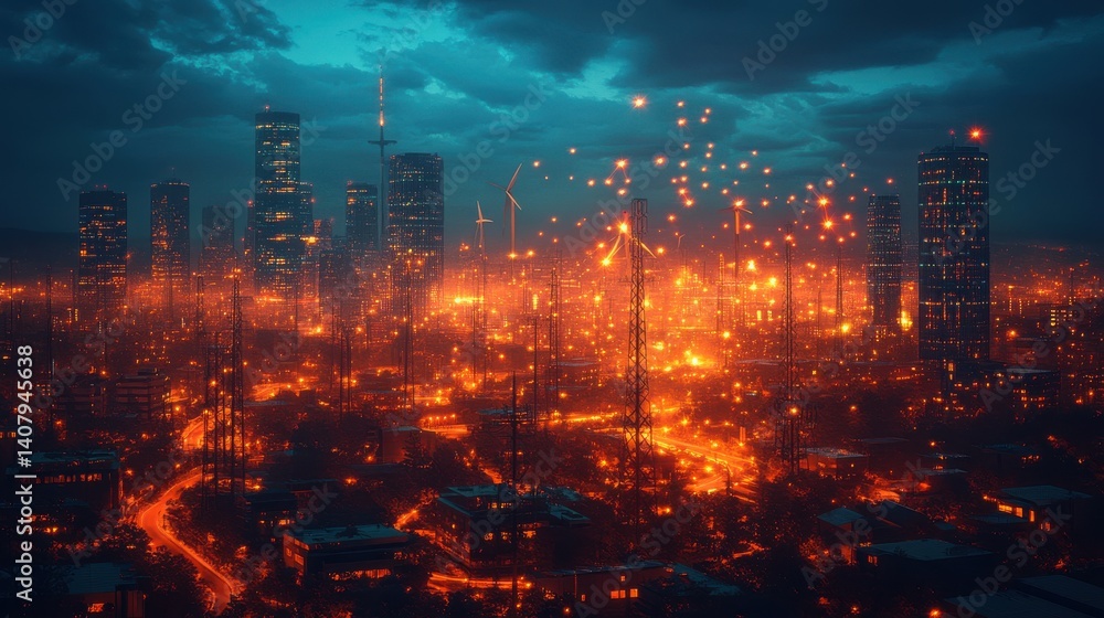 Poster futuristic ai controlled renewable energy grids distributing solar,wind power a clean energy city where ai manages every aspect of power distribution,stock image