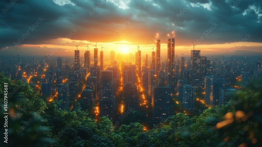 Aufkleber futuristic ai controlled renewable energy grids distributing solar,wind power a clean energy city wh