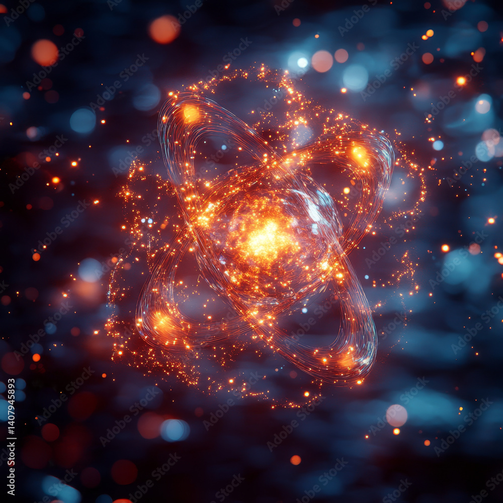 Poster visual representation of atom with glowing particles