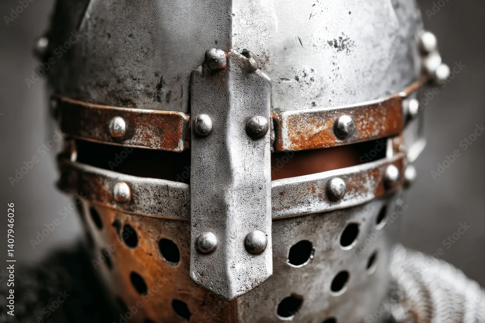 Poster medieval knight helmet display showcasing intricate details and weathered metal texture in a histori
