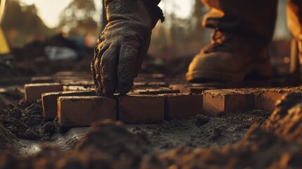 A mason laying bricks for a foundation. Featuring masonry work and construction