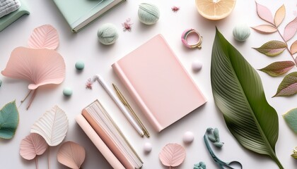 white background featuring a creative flat lay of pastel items such as leaves books and accessories