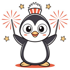 Cheerful Cartoon Penguin with Sparklers, Party Hat and Stars on Transparent