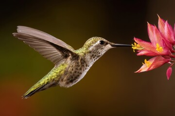 Fototapeta premium A hummingbird hovers, wings blurred, extracting nectar from a vibrant flower in a stunning, high-speed capture.