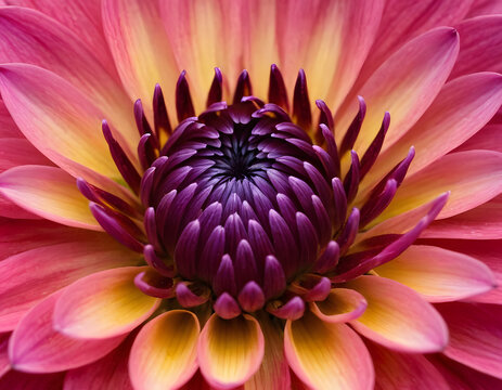 Dahlia flower macro, closeup view of purple, vibrant, and colorful dahlia petals in full bloom, purple dahlia flower.