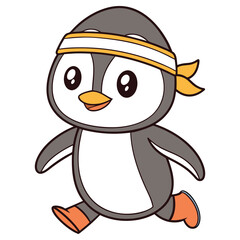 Cartoon Penguin Running with Headband and Shoes on White Background