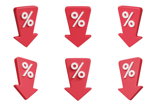set of red 3d price tags arrow icon with percent sign on them