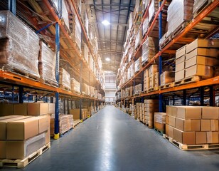 Fototapeta premium big logistics warehouse with packed goods cardboard boxes and pallets packages ready to be delivered inside a retail product distribution center background with cartons on shelves shipping ready