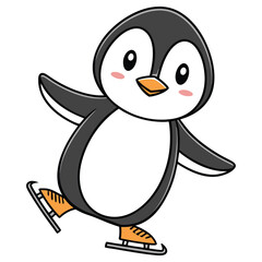 Cartoon Penguin on Skates With Outstretched Wings and Transparent Background