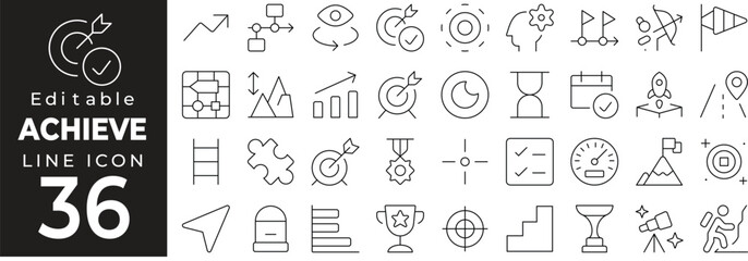 Goal and Achievement Icon Set in Line Style: Includes Target, Success, Strategy, Mission, Career Growth, and Leadership Symbols. Editable Stroke.