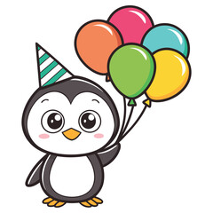 Festive Penguin Cartoon with Party Hat Holding Balloons on Transparent Background