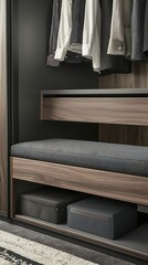 A wooden closet with a bench and a few boxes