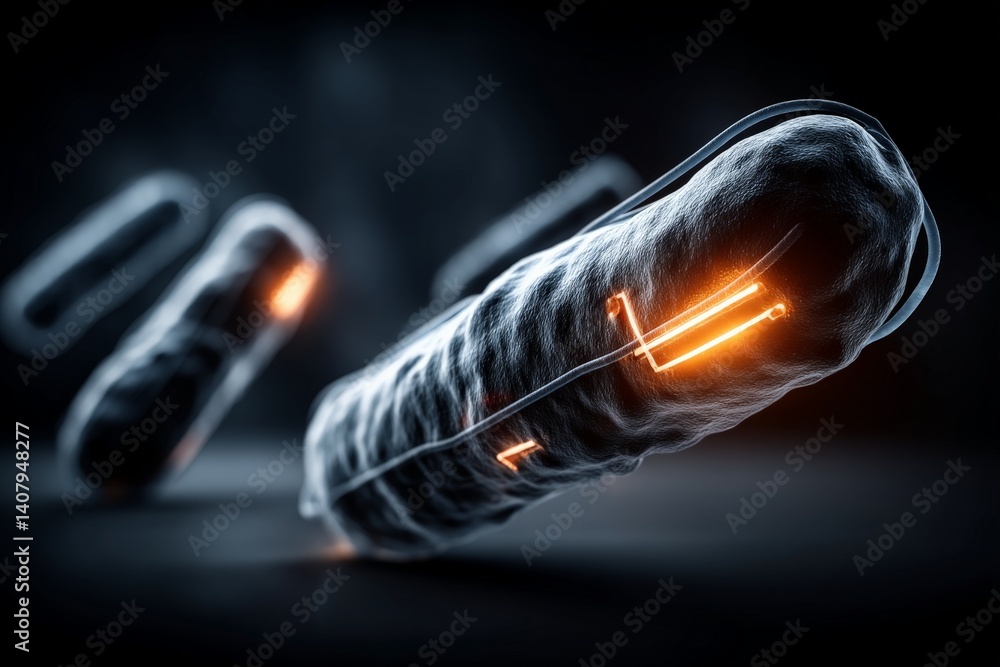 Poster intricate representation of bacteria illuminated in a digital atmosphere showcasing structure and mo