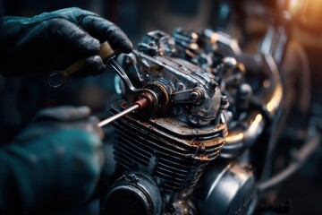 Fototapeta premium A mechanic meticulously restores a vintage motorcycle engine, showcasing gleaming metal, rich texture, and authentic grease under soft lighting.