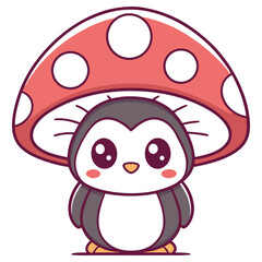 Adorable Penguin Character Standing Under Red Mushroom Isolated on White Background