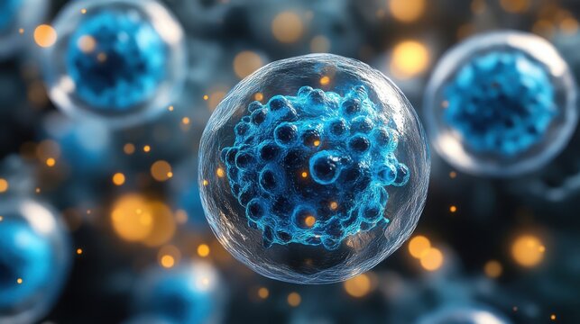 gclose up of blue exosome particles inside transparent spheres 3d illustration of exosomes in biotechnology scientific visualization related to cosmetology,trichology enerated image