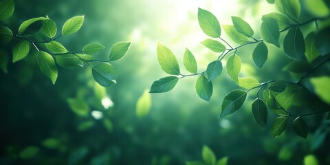 Lush green leaves glistening in sunlight in a tranquil forest setting during a warm summer afternoon