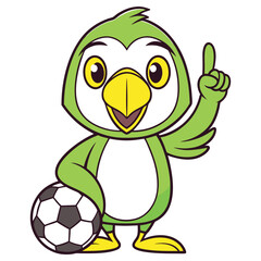 Cartoon Green Bird Mascot Holding Soccer Ball Pointing Up on White Background