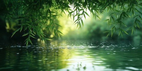 Naklejka premium Lush green bamboo leaves over calm water reflecting nature in serene afternoon light