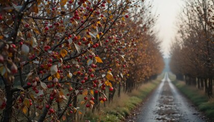 Red Berries and Autumn Leaves Lining a Wet Country Road