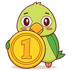 Cute green bird cartoon character holding gold coin with number one front