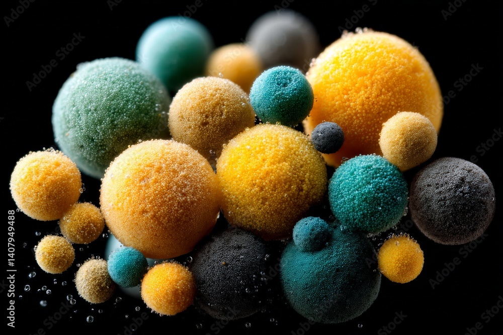 Poster colorful spheres of varying sizes create an abstract representation of micro-particles against a bla