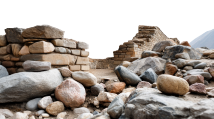 Ancient Stone Ruins: A passageway between aged stone walls, weathered by time and elements, hinting at a forgotten civilization, surrounded by rocks and stones of varying shapes and sizes.