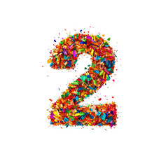 Exploding Colorful Number Two Abstract 3D Render of a vibrant, confetti-like numeral