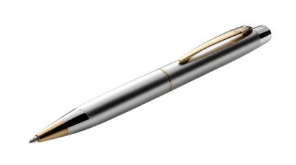 Elegant Writing Tool: A close-up studio shot presents a sleek, modern pen with a polished silver finish accented by gold details. This luxury writing instrument is a symbol of precision, style.