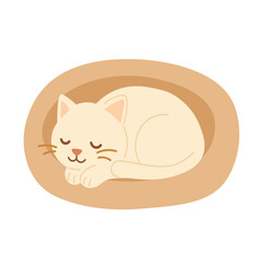 Vector illustration of a cute light cat peacefully sleeping curled up in a soft pet bed.