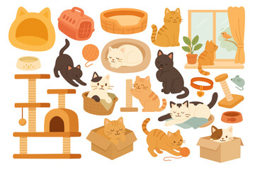 Vector illustration set with cute cartoon cats and pet items: toys, beds, scratchers, bowls, boxes.
