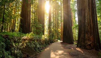 Fototapeta premium sunlight through redwood trees on a path in the redwood forest