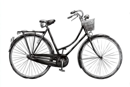 Detailed hand-drawn black ink illustration of a vintage bicycle in retro style