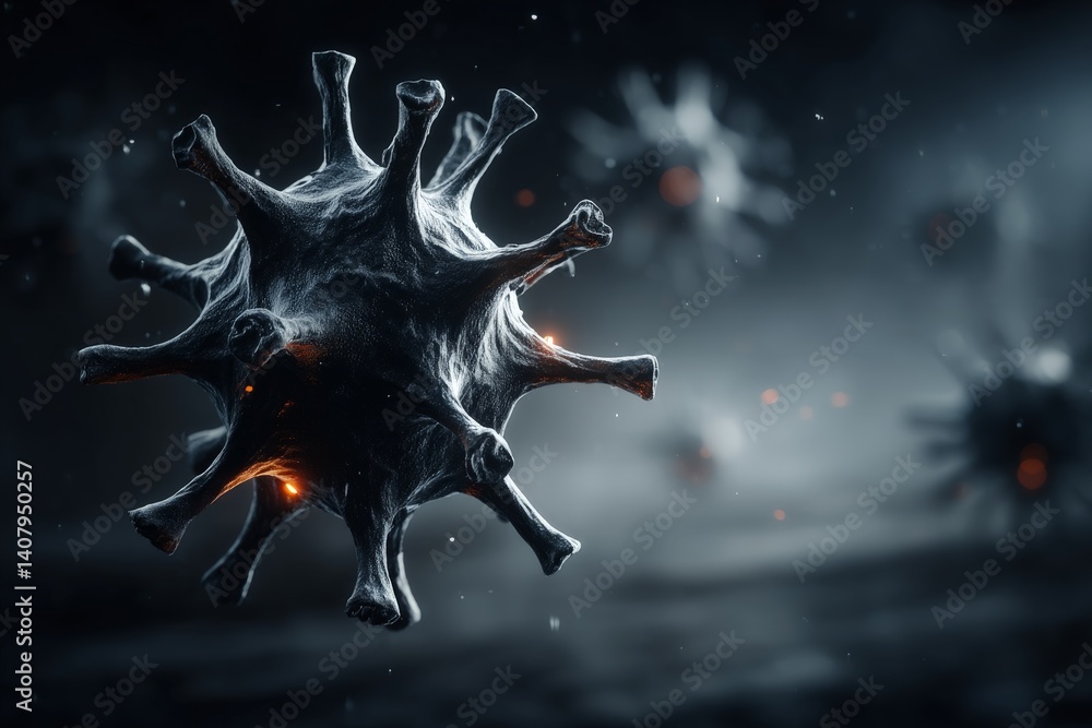 Poster virus particle floating in dark environment with glowing details depicting microscopic view of patho