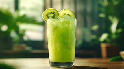 Refreshing Kiwi Drink in Glass on Table with Natural Light