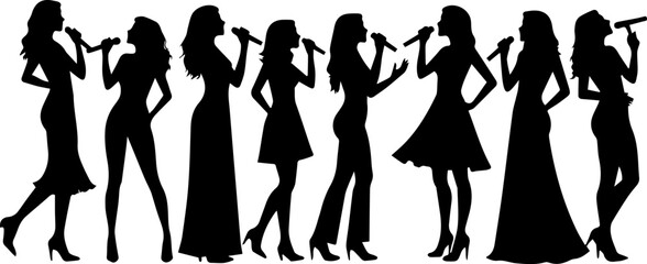 Woman singer silhouette, woman singing on mic